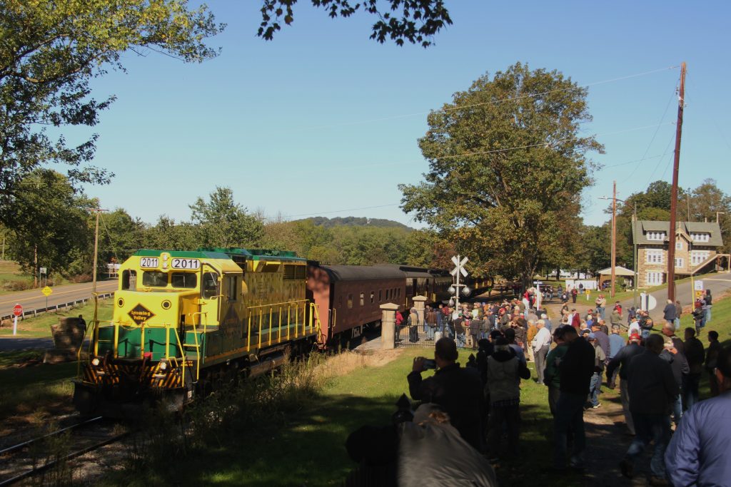 A Reading-inspired paint scheme adorns the locomotive of the Ride The Bloom excursion at Danville, PA. Photo by Tony Kolativa.